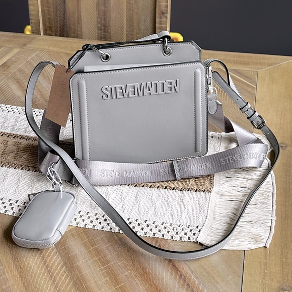 NWT STEVE MADDEN BEVELYN SATCHEL CROSSBODY BAG W AIR POD CASE circular grey - Picture 1 of 1